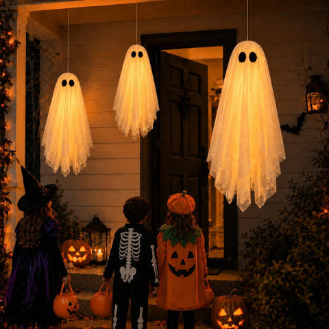 3 Pack Pre-Assembled Hanging Ghosts Halloween Decorations with Warm Glow,Ghost Decor with Remote Timer & Upgraded Double-Layer Sheet, Swinging Ghost for Indoor Outdoor Tree Porch Yard Garden Party