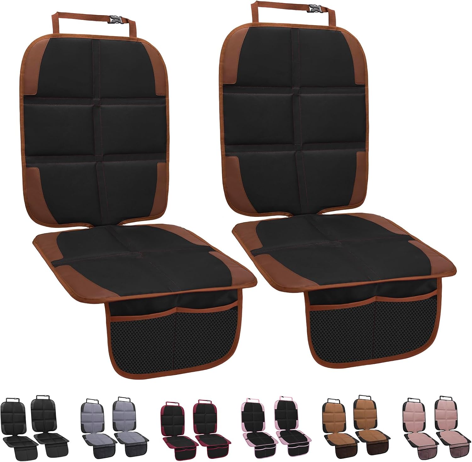 Car Seat Protector for Child, 2 Pack With Mesh Pockets & Non-Slip Backing 600D Durable Under Baby Seat Cover for Back Seat (Dark Brown, Standard)