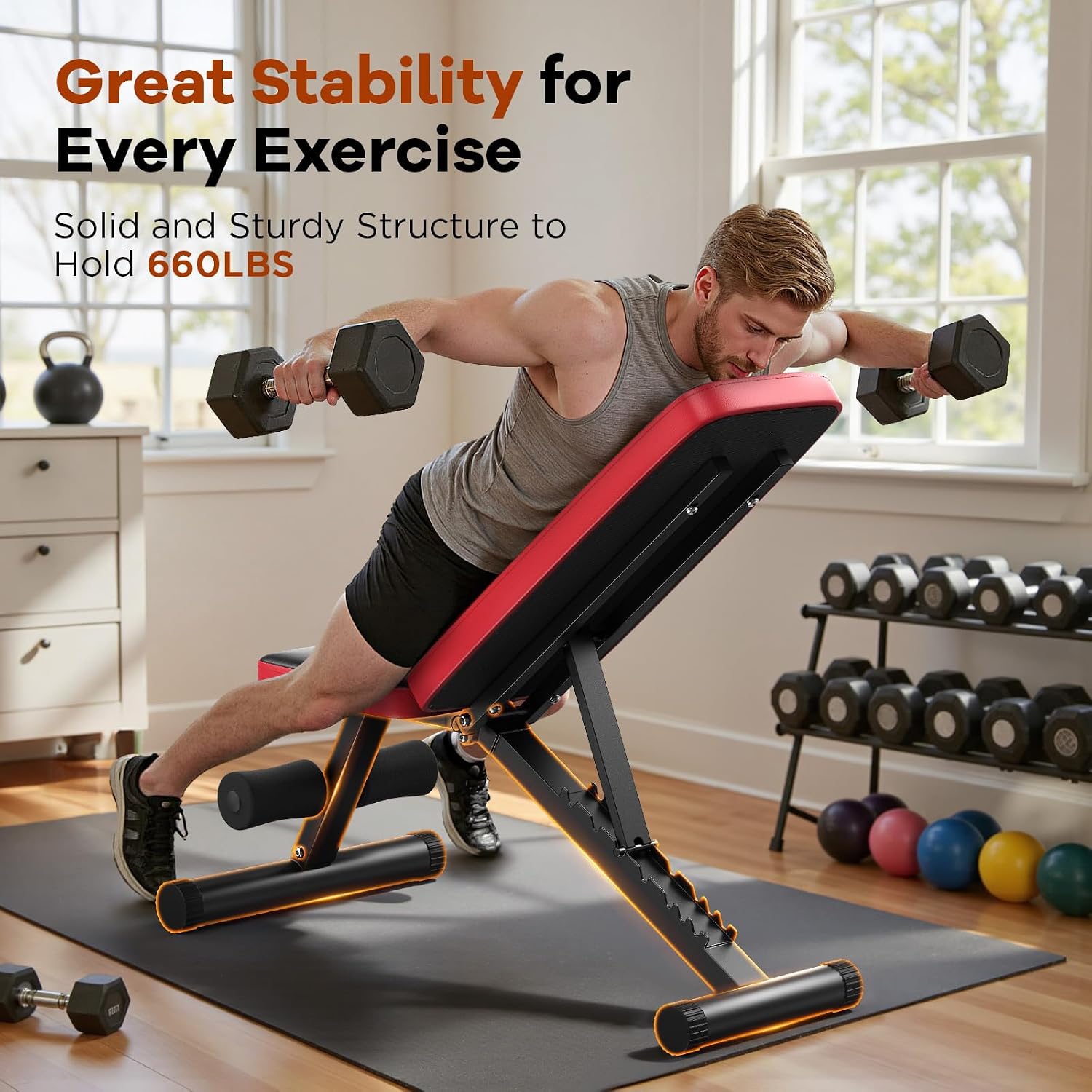 NICEPEOPLE Adjustable Weight Bench for Home Gym, 660LBS Capacity Workout Bench with 8 Backrests for Chest Shoulders Arms, Compact and Foldable Strength Bench for Small Space Apartment Room
