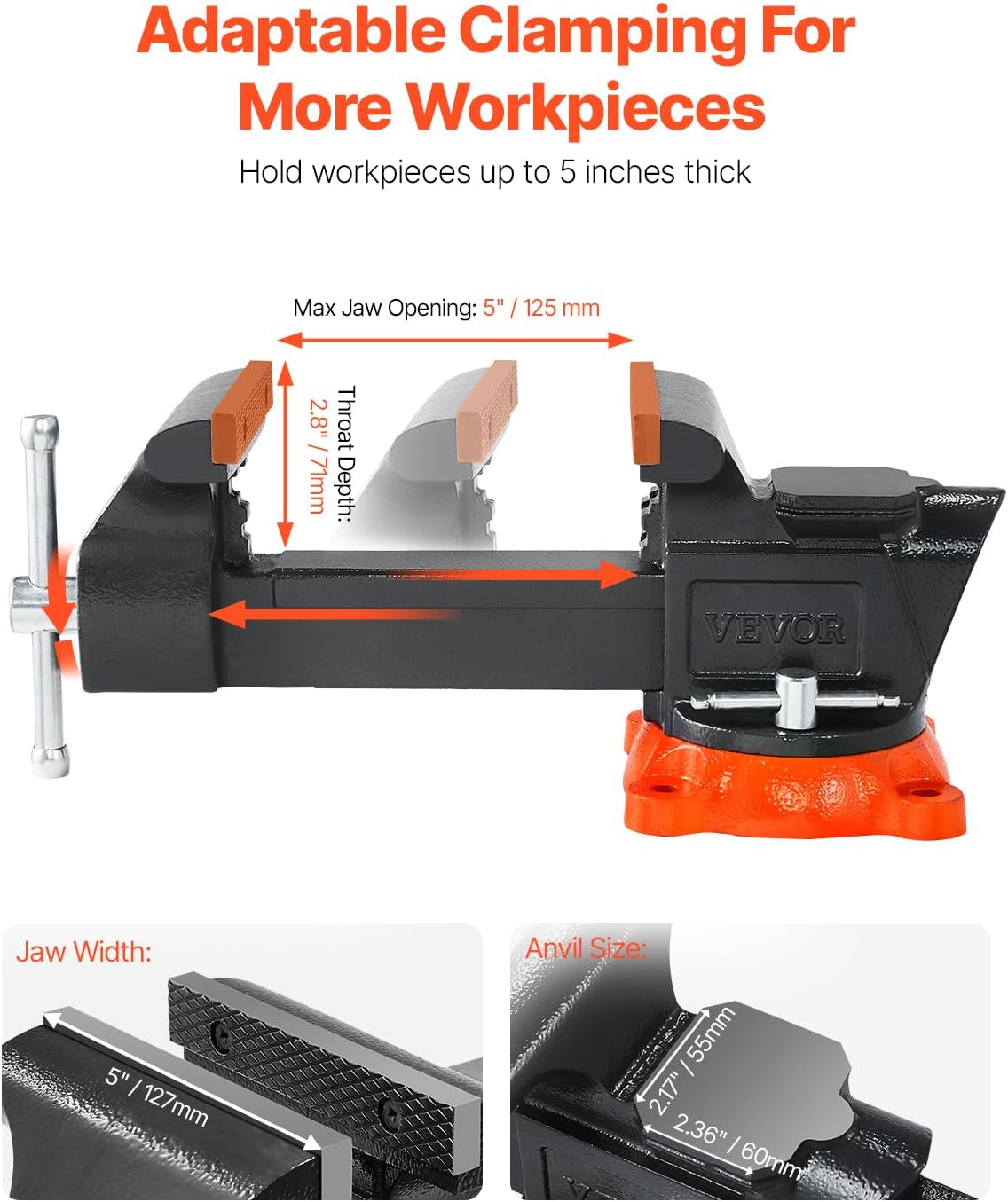VEVOR Bench Vise, 5" Jaw Width, 5" Max Jaw Opening Multipurpose Vise with 360° Swivel Locking Base, 2.8" Throat Depth, Heavy Duty Ductile Iron Workbench Vise with Anvil, for Clamping Round Pipes