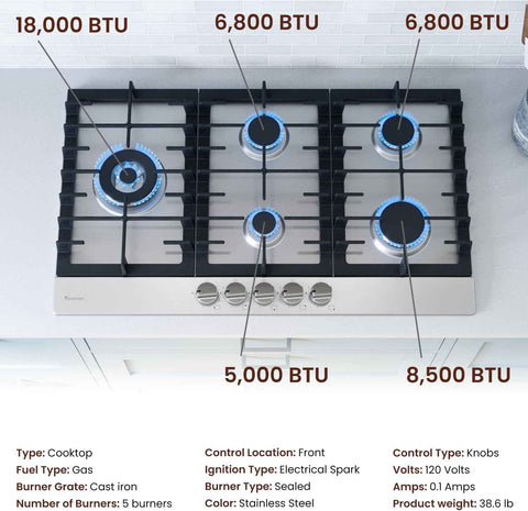 Rangaire RCG301S 30" Gas Cooktop - Stainless Steel, Sealed Burners, Cast Iron Grates, Die Cast Metal Burner Controls