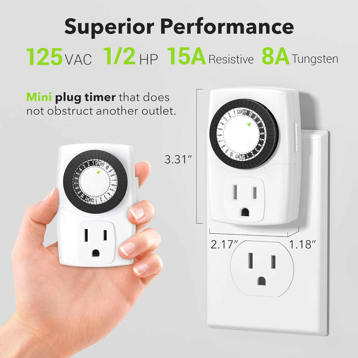 BN-LINK U47 Indoor Mini 24-Hour Mechanical Outlet Timer, 3-Prong, 2-Pack