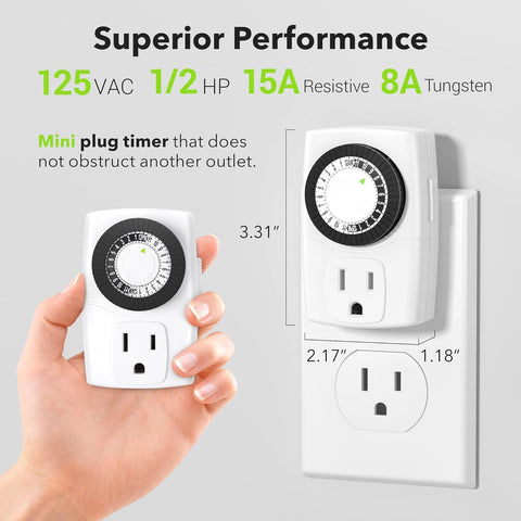 BN-LINK U47 Indoor Mini 24-Hour Mechanical Outlet Timer, 3-Prong, 2-Pack