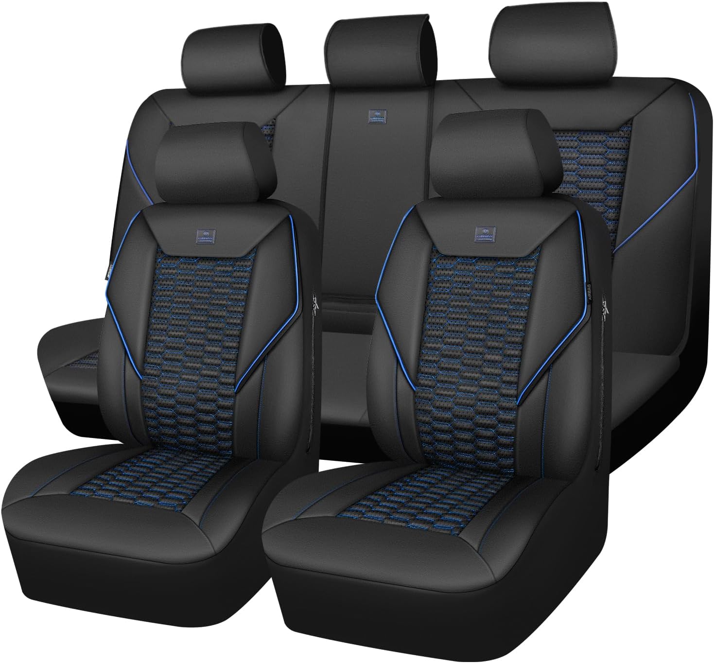 CAR PASS 3D Foam PU Leather Car Seat Covers Full Set,Luxury Breathable Faux Leather Seat Covers for Car,Anti Slip Universal Fit for SUVs Vans Sedan Truck Auto,Armrest Airbag Compatible,Black and Blue