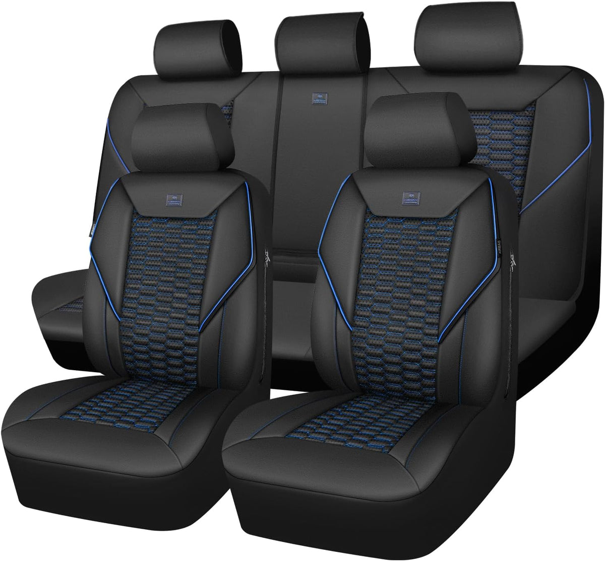 CAR PASS 3D Foam PU Leather Car Seat Covers Full Set,Luxury Breathable Faux Leather Seat Covers for Car,Anti Slip Universal Fit for SUVs Vans Sedan Truck Auto,Armrest Airbag Compatible,Black and Blue