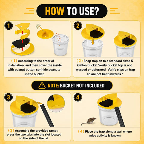 Pack 2 Bucket Lid Mouse Rat Trap, Mouse Catching Tool, Trap Door Style, Multi Catch, Auto Reset, Indoor Outdoor, 5 Gallon Bucket Compatible (Canary)