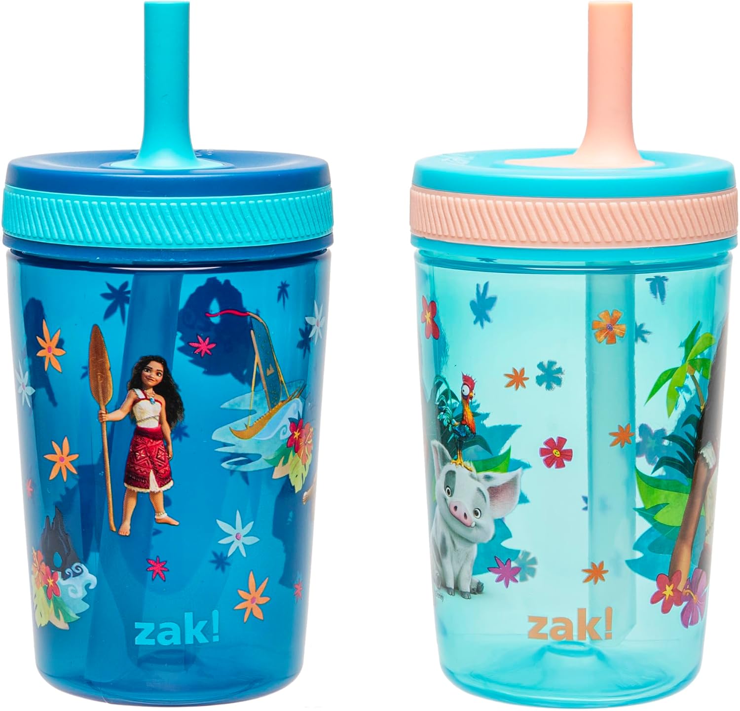 Zak Designs Disney Moana 2 Kelso Toddler Cups For Travel or At Home, 15oz 2-Pack Durable Plastic Sippy Cups With Leak-Proof Design is Perfect For Kids (Moana, Maui, Simea)