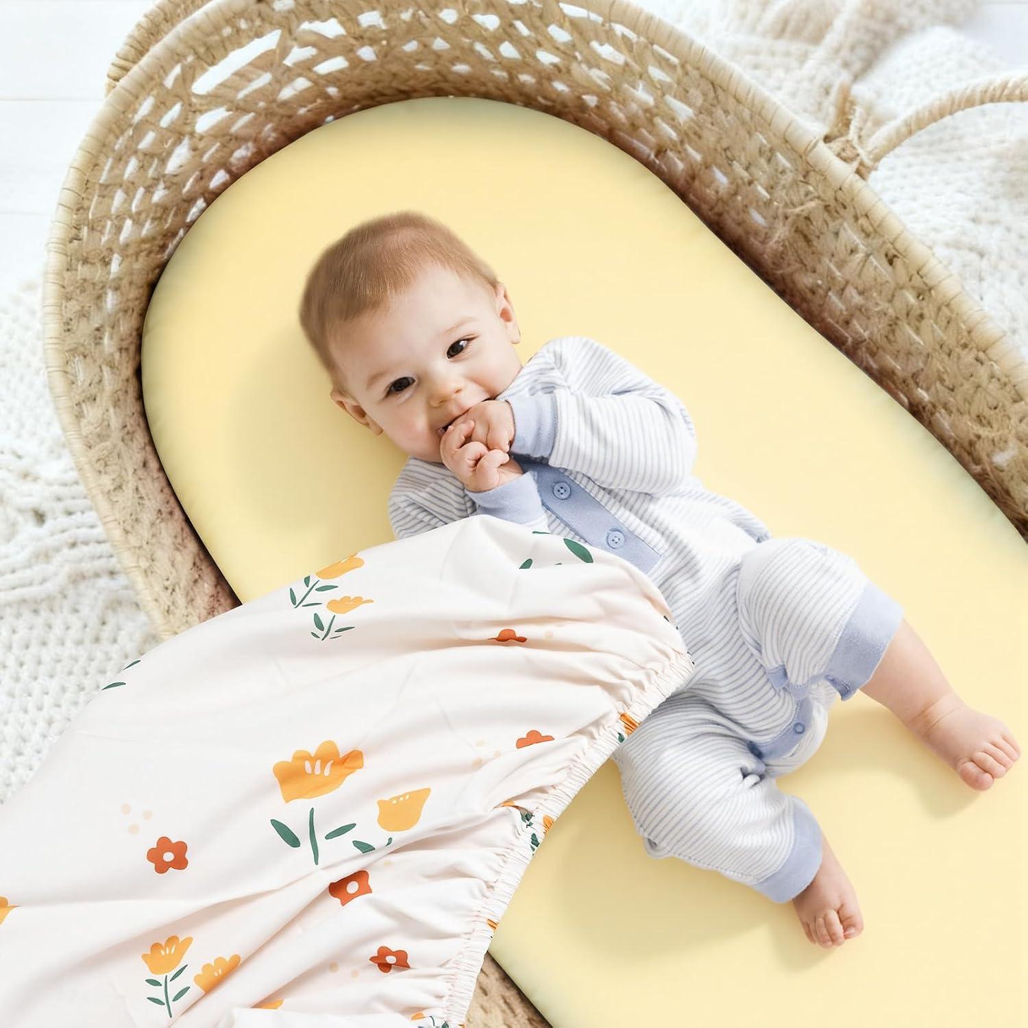 3 Pack Stretchy Bassinet Sheets 20" x 33" Compatible with Baby Delight, Angelbliss, Maxi-COSI & Most Regular Size Bedside Sleeper- Soft Breathable Fitted Bassinet Sheets for Baby - Yellow & Flower