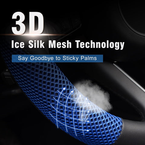 KAFEEK Steering Wheel Cover, Cooling Ice Silk Leather, 15 Inch, Blue