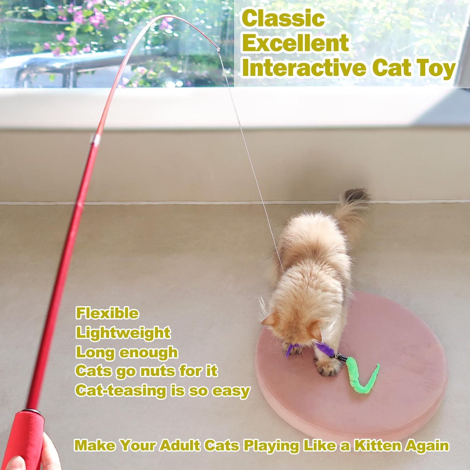 MeoHui Cat Toys for Indoor Cats, Interactive Cat Toy 2PCS Retractable Wand Toy and 9PCS Cat Feather Toys Refills, Funny Kitten Toys Cat Fishing Pole Toy for Bored Indoor Cats Chase and Exercise