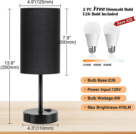 ZJOJO Black Table Lamp Set of 2, 13.8" Small Lamp for Bedroom Nightstand
