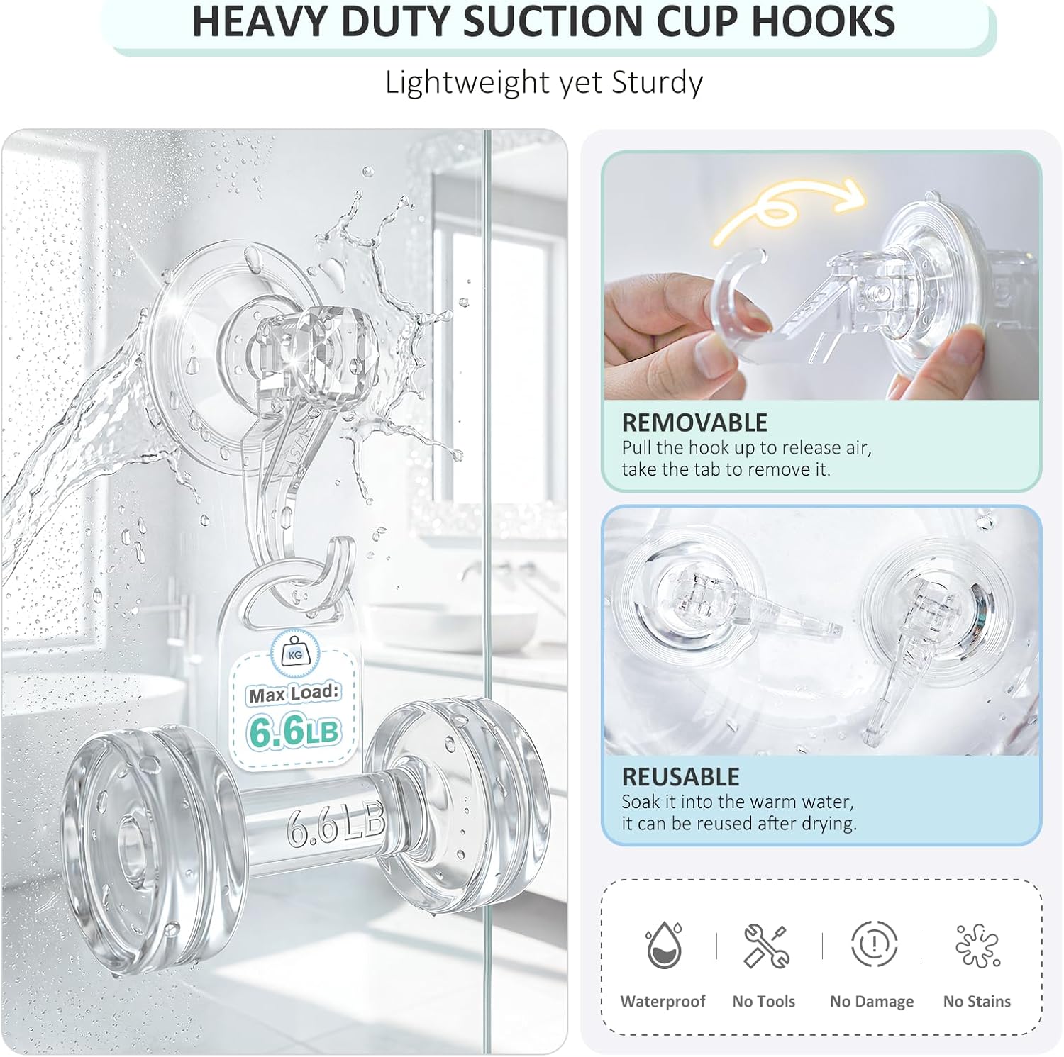 VIS'V Shower Suction Cup Hooks, Removable and Reusable, Clear, Small, 2 Pcs