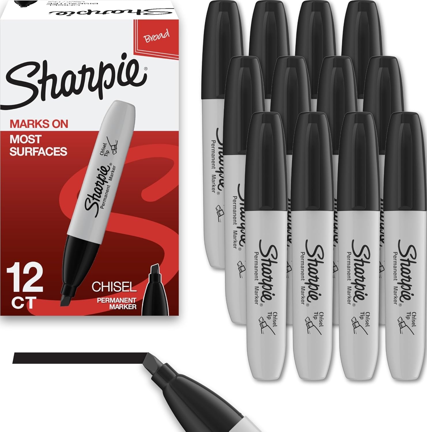 Sharpie Permanent Markers, Chisel Tip, Black, 12 Count - Home, School, Office Supplies