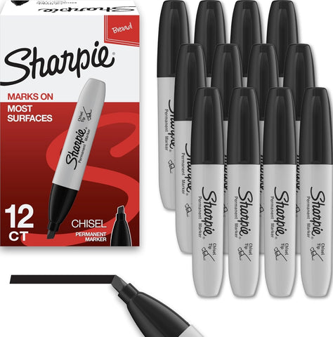 Sharpie Permanent Markers, Chisel Tip, Black, 12 Count - Home, School, Office Supplies