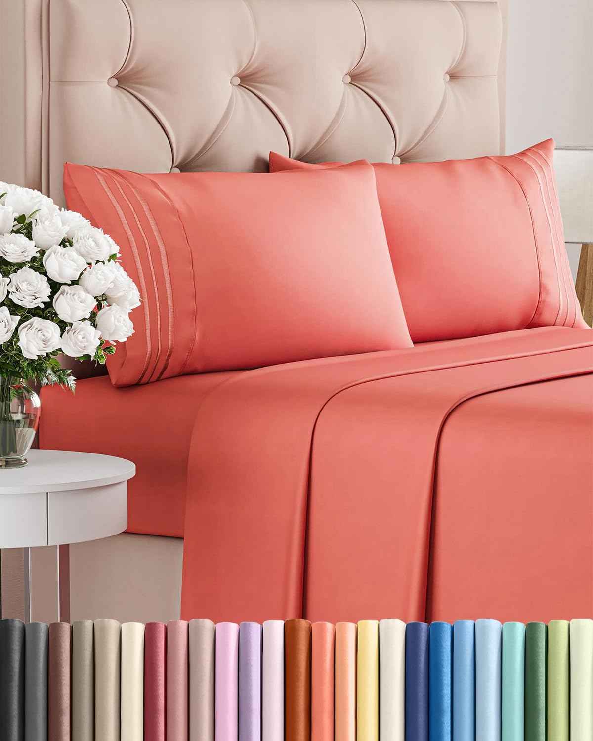 Full Size 4 Piece Sheet Set - Comfy Breathable & Cooling Sheets - Coral