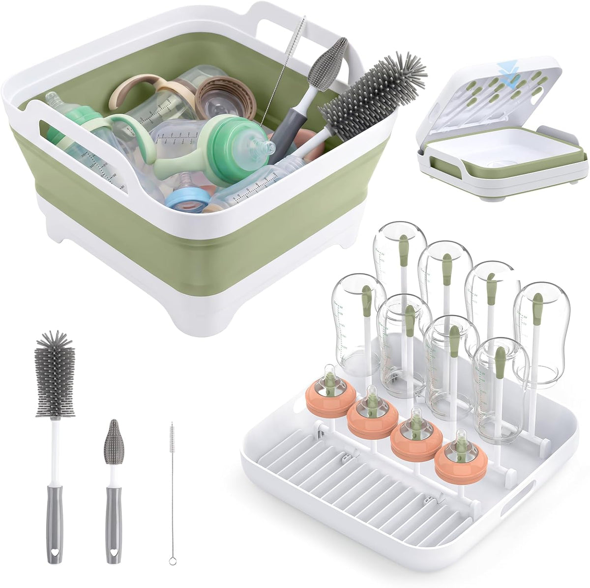 Yecuip Collapsible Baby Bottle Wash Basin w/Drying Rack & Drain Plug, Green
