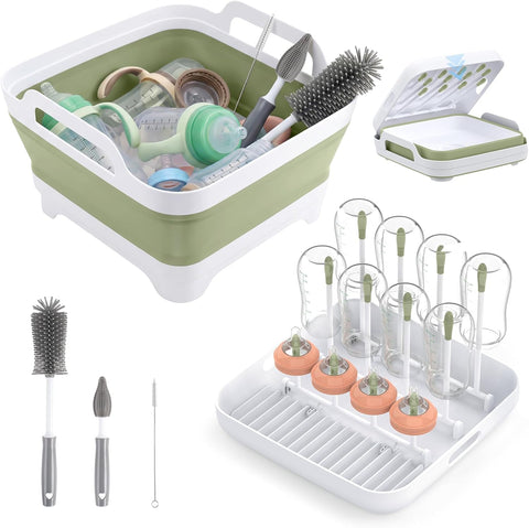 Yecuip Collapsible Baby Bottle Wash Basin w/Drying Rack & Drain Plug, Green