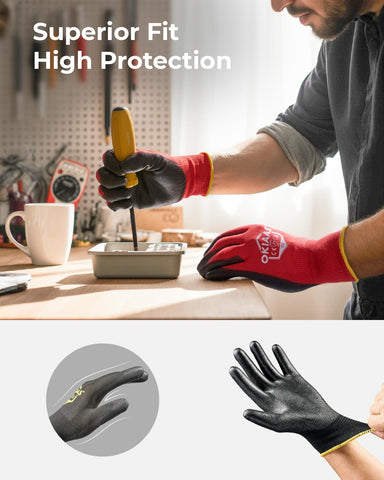 OKIAAS PU Coated Work Gloves Men, Ultra Grip & Lightweight, 12 Pairs Bulk