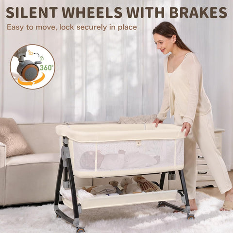 Baby Bassinet, 3-in-1 Bedside Bassinets for Baby, Bassinet Sleeper with Wheels, Baby Bedside Crib with Breathable Mesh, Mosquito Net, 6 Height Adjustable, Large Storage Basket, Easy Assemble & Folding