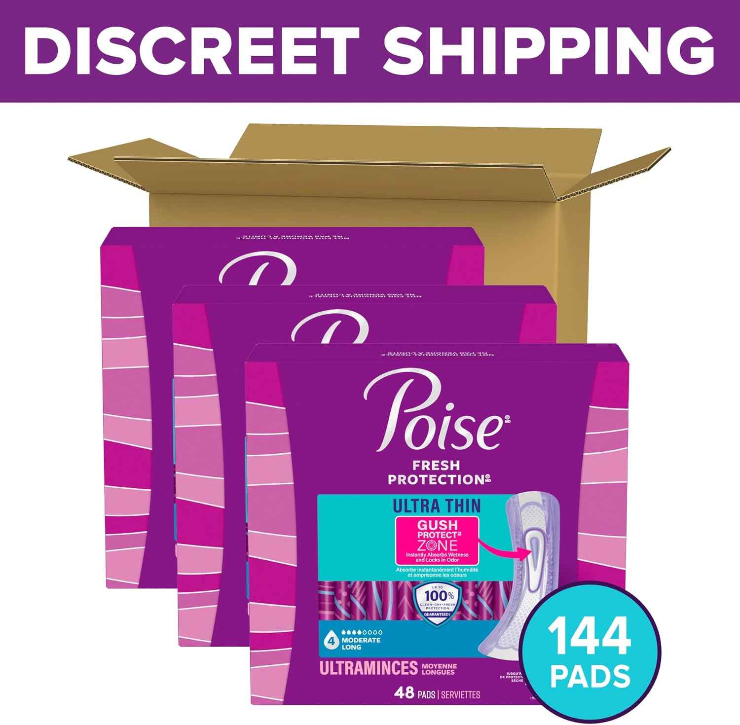 Poise Ultra Thin Incontinence Pads & Postpartum Pads for Bladder Leaks, 4 Drop Moderate Absorbency, Long Length, 144 Count, Packaging May Vary