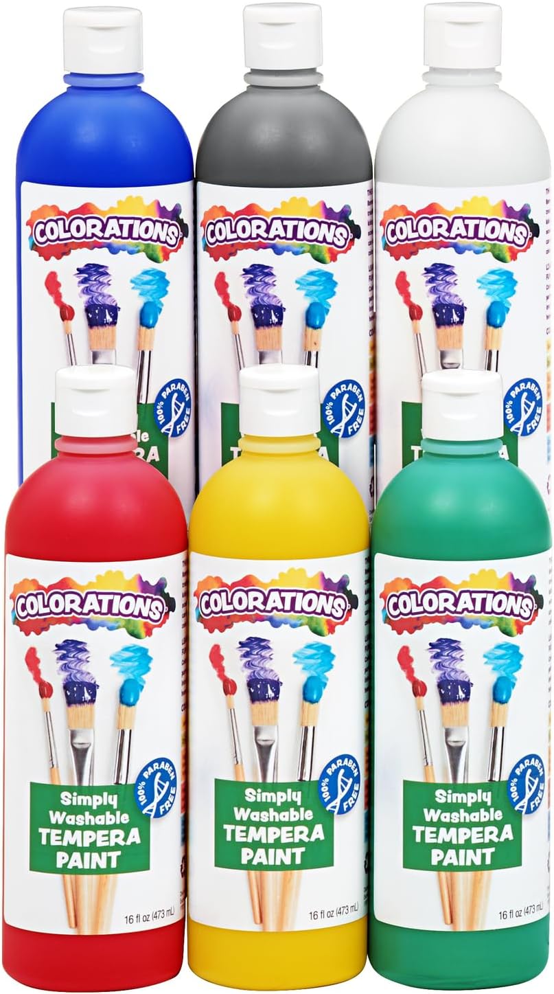 Colorations Washable Tempera Paint Set, 6 Colors, 16 oz Each, Non-Toxic