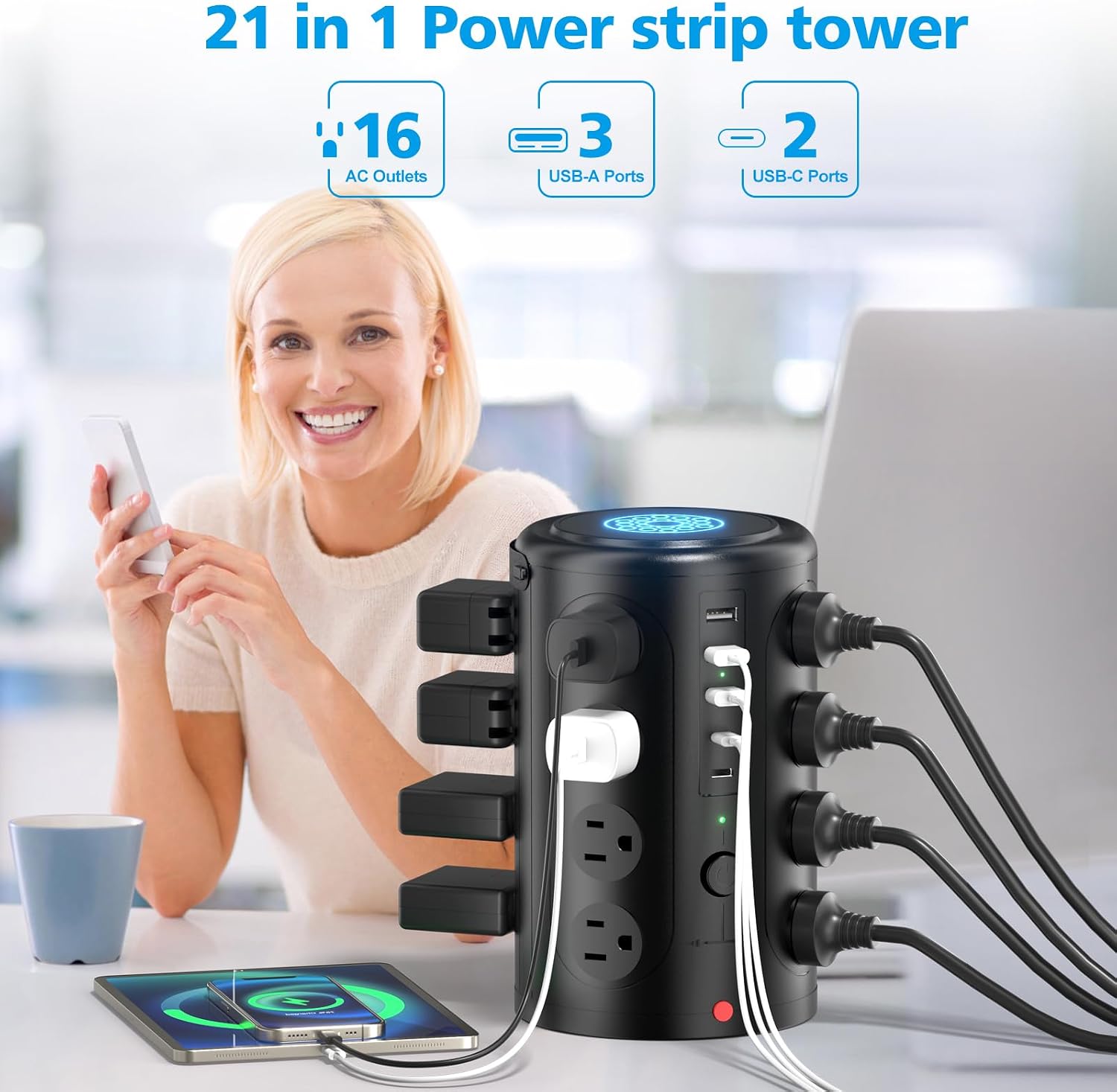 6FT Power Strip Tower Surge Protector with 15W Wireless Charger