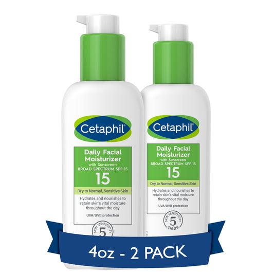 Cetaphil Daily Facial Moisturizer SPF 15, 4 Fl Oz, Gentle Facial Moisturizer for Dry to Normal Skin Types, No Added Fragrance, Pack of 2 (Packaging May Vary)