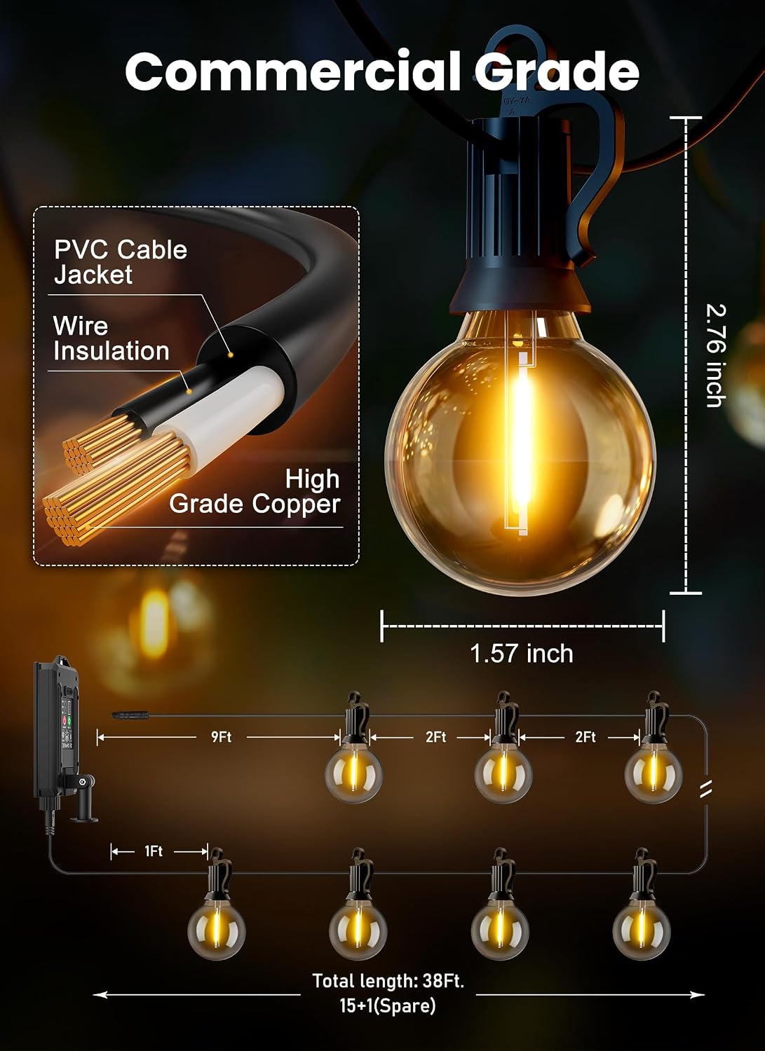Brightown 38FT 16LED Solar String Lights Outdoor with Remote & USB Port