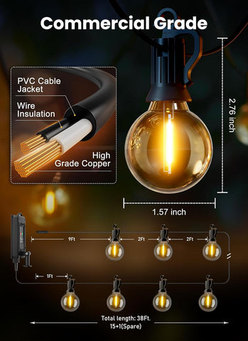 Brightown 38FT 16LED Solar String Lights Outdoor with Remote & USB Port