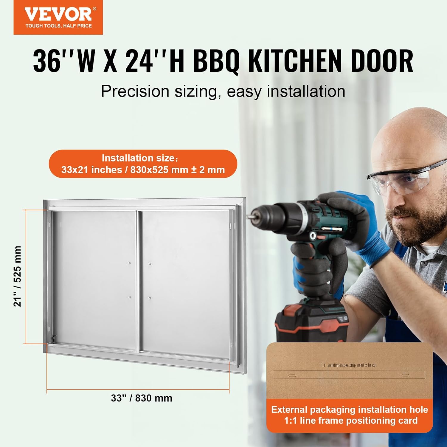 VEVOR BBQ Access Door, 36W x 24H Inch Double Outdoor Kitchen Door, Stainless Steel Flush Mount Door, Wall Vertical Door with Handles, for BBQ Island, Grilling Station, Outside Cabinet, sliver
