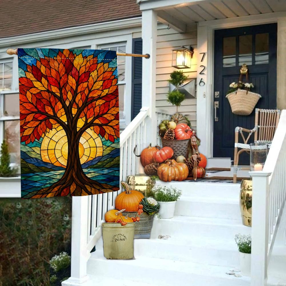 Fall Stained Glass Tree of Life House Flag 28x40 Sunset Leaves Yard Decor