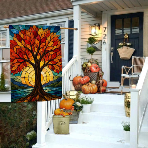Fall Stained Glass Tree of Life House Flag 28x40 Sunset Leaves Yard Decor