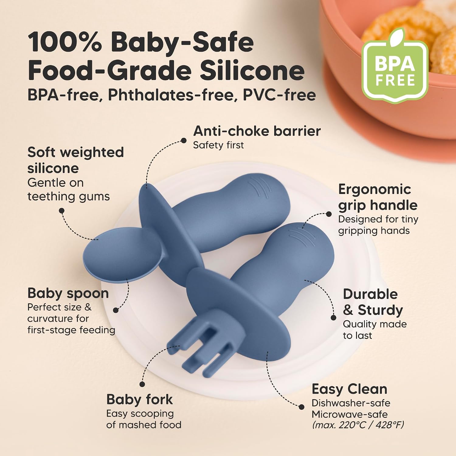 KeaBabies 4-Pack Silicone Baby Spoons and Forks Set, BLW, BPA-Free (Slate)