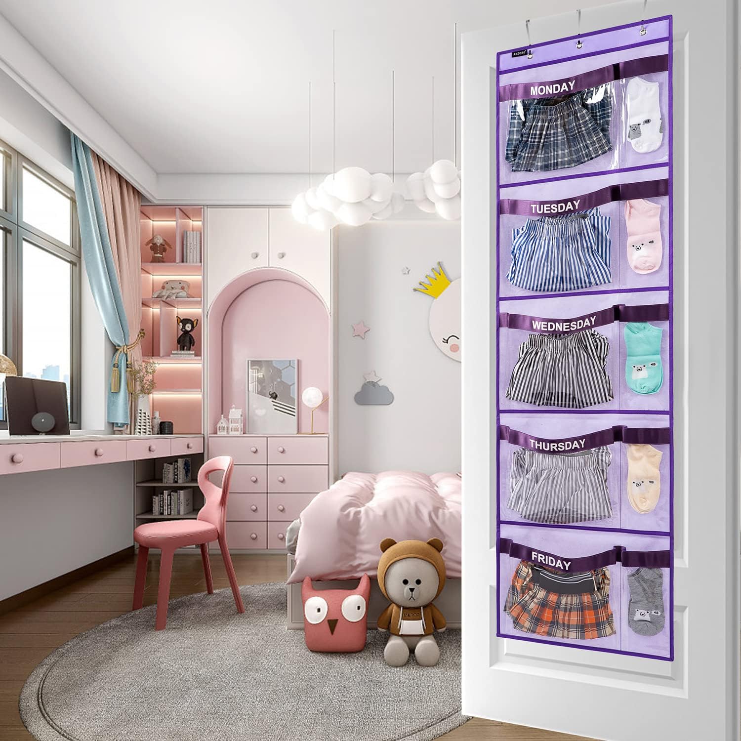 Weekly Kids Clothes Organizer Day of Week School Clothing Storage Monday to Friday Hanging Closet Organizer (Purple)