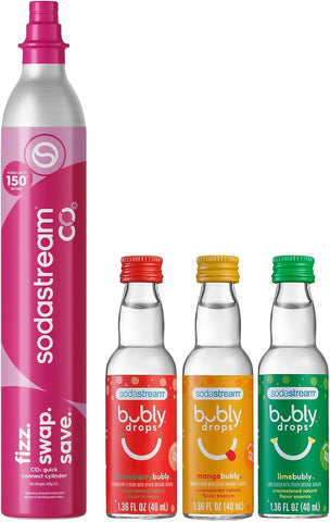 SodaStream CO2 Gas Refill Stock-Up Bundle, 1 x 60L Pink Quick Connect Cylinder with bubly drops 3 Pack, Soda Stream CO2 Refill, Makes Up to 60 Liters of Sparkling Water, Fits TERRA, ART, ENSO & More