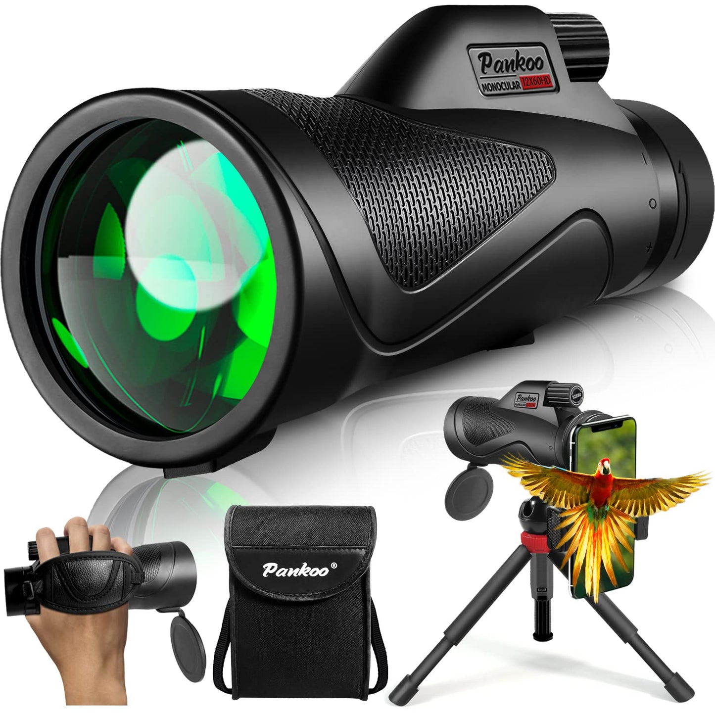 Pankoo 12x60 Monocular Telescope High Powered with Smartphone Adapter Tripod and Portable Bag, Larger Vision Monoculars for Adults with BAK4 Prism & FMC Lens, Suitable for Bird Watching Hiking Travel