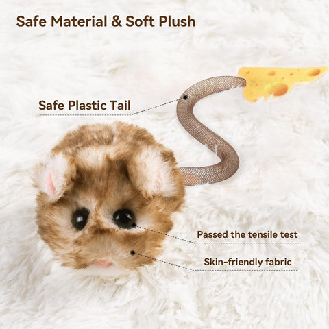 Migipaws Interactive MigiMouse Cat Toy 360° Rolling & Spin with Mesh Plastic Tail for Indoor Cats Smart Motion Sensor, Realistic Squeak, Rechargeable Plush Kitten Toy(Brown Long)