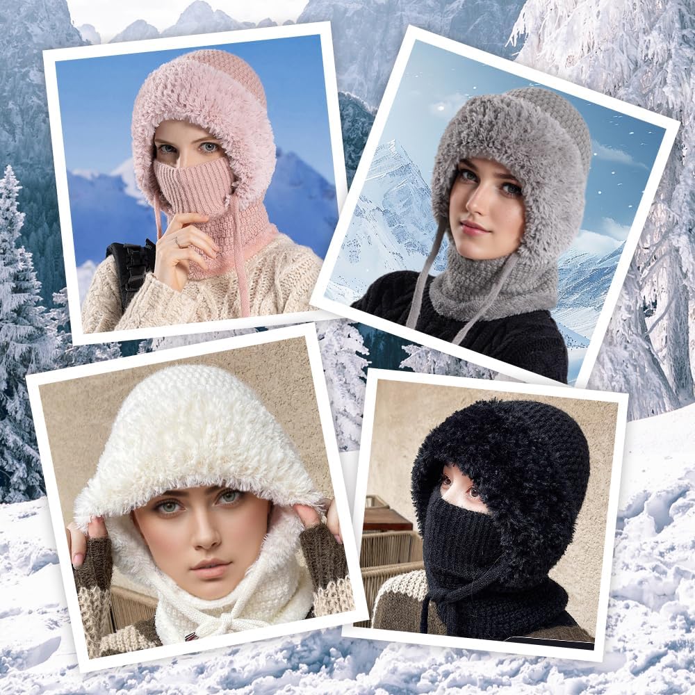3 in 1 Beanie Hat with Scarf and Mask,Womens Knit Beanie Hat Fleece Lined Winter Scarf Mask Set Snow Caps