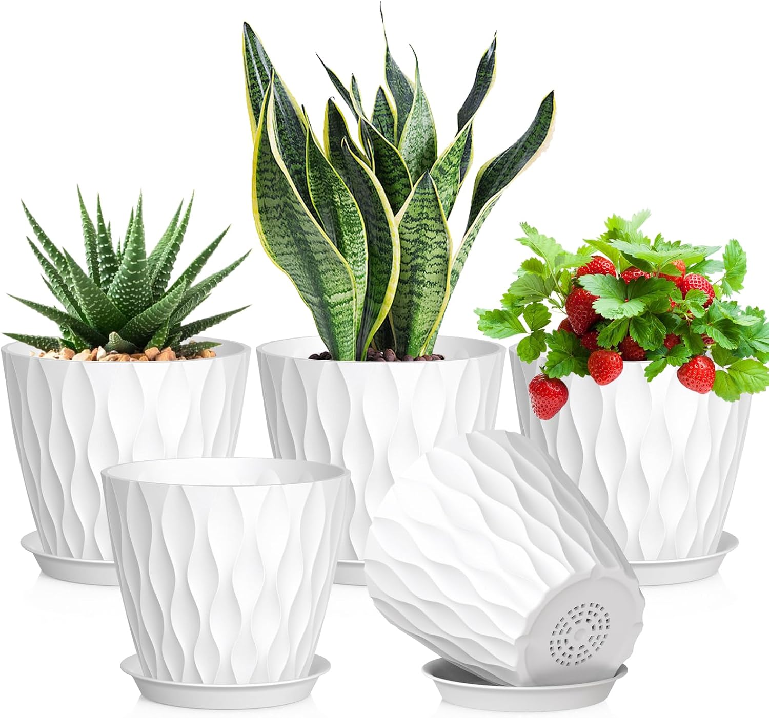 Meowell 7 inch Plant Pots for Indoor Outdoor Plants, 5 Pack Thick Nursery Pots with Drainage Holes and Saucers, 3D Modern Wave Texture Plastic Planter Pots for Flowers and House Plants, White