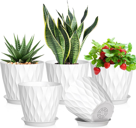 Meowell 7 inch Plant Pots for Indoor Outdoor Plants, 5 Pack Thick Nursery Pots with Drainage Holes and Saucers, 3D Modern Wave Texture Plastic Planter Pots for Flowers and House Plants, White