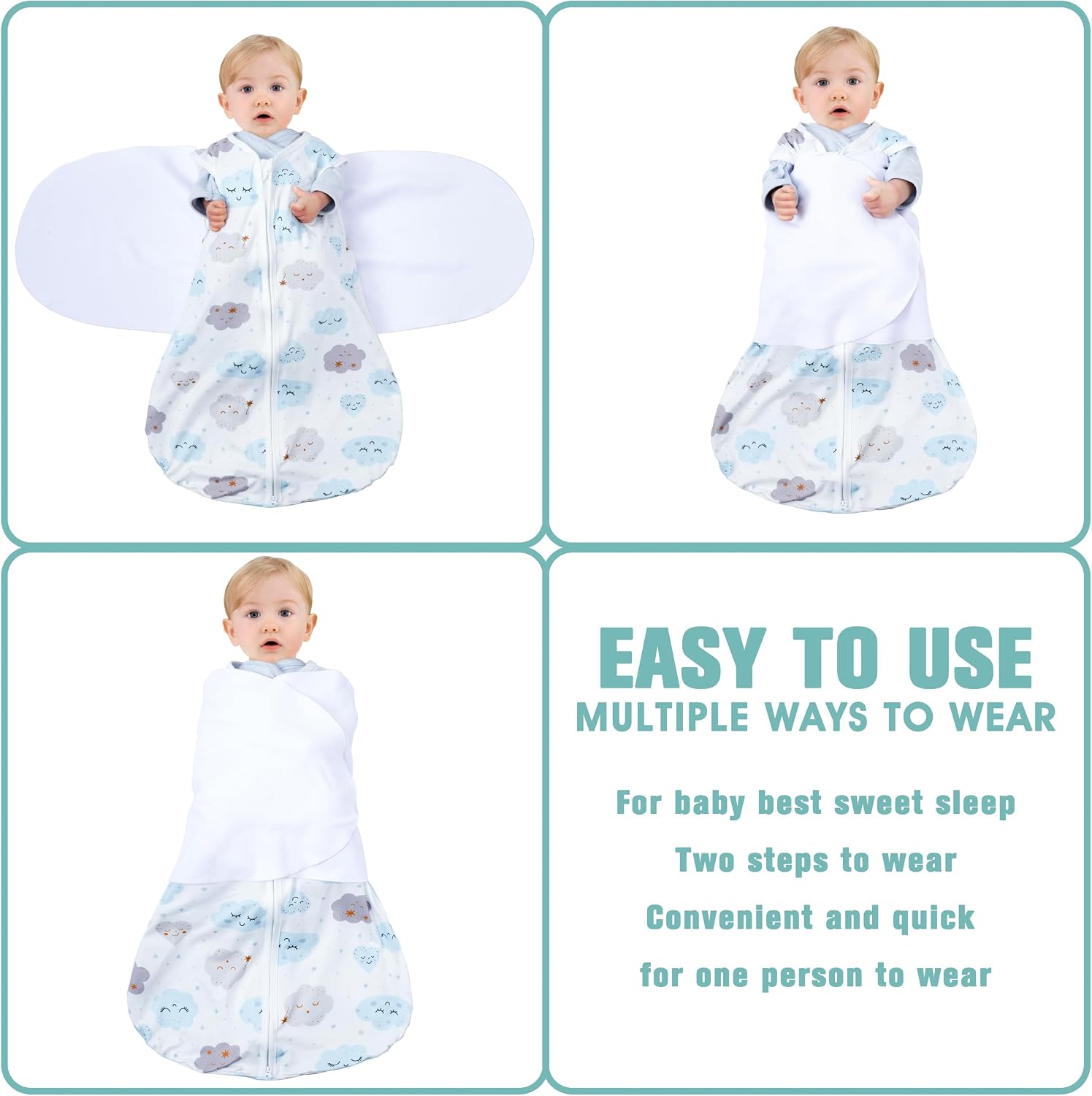 BSTOPPT Newborn Sleep Sack Baby Swaddle,3-6 Months,3-Way Adjustable Wearable Blanket,100% Rayon Cotton Swaddling sleeping bag，TOG 0.5（Clouds&Starry Sky）