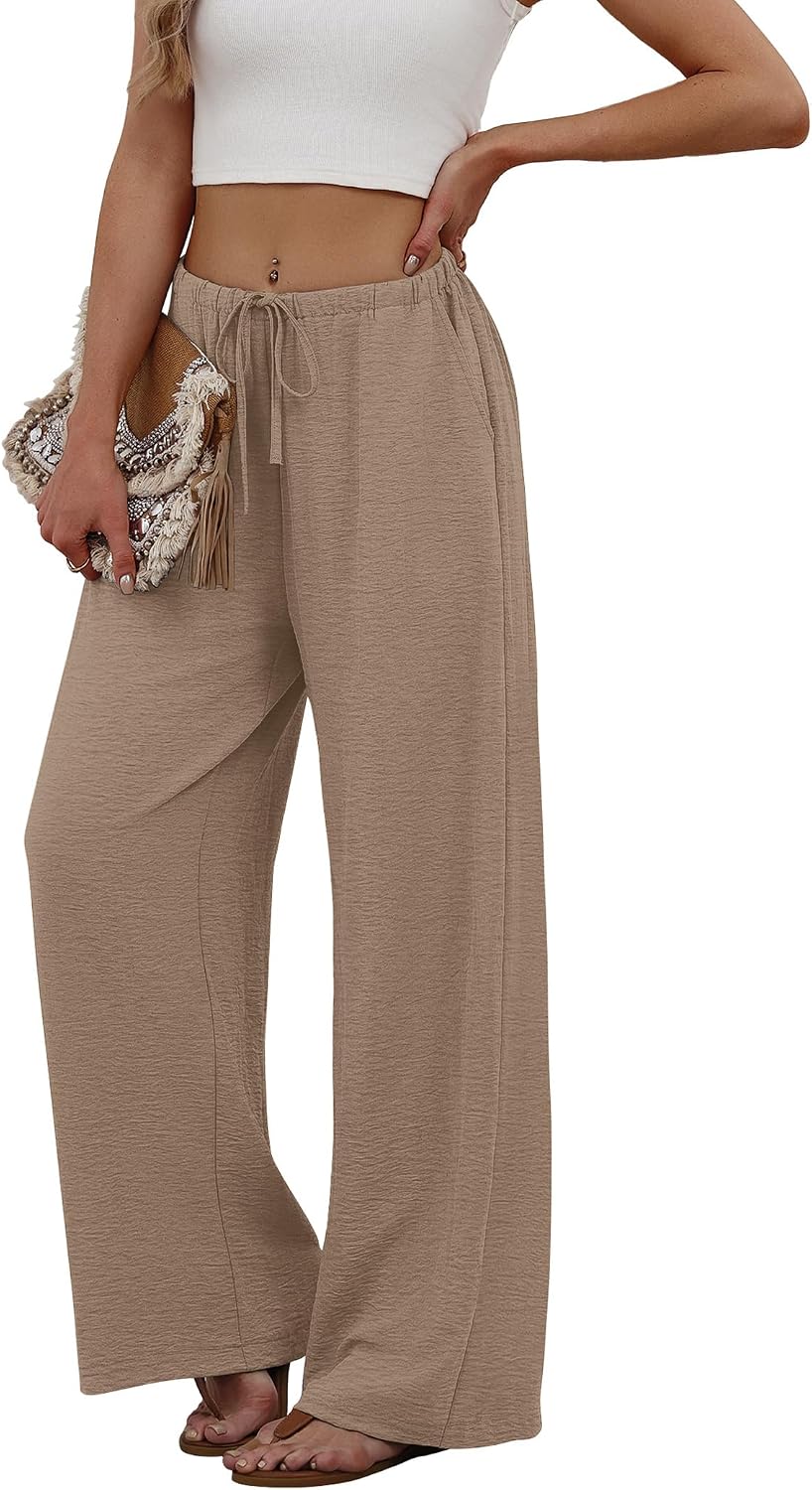 Sampeel Wide Leg Pants for Women Flowy Palazzo Drawstring Elastic Waist Trousers with Pockets Summer Beach Vacation Clothes