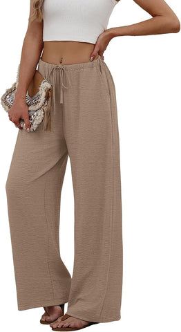 Sampeel Wide Leg Pants for Women Flowy Palazzo Drawstring Elastic Waist Trousers with Pockets Summer Beach Vacation Clothes