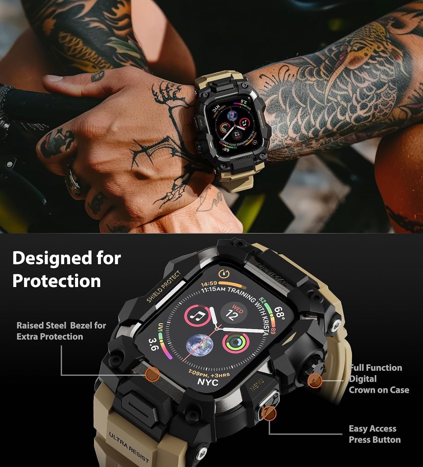 ULTIMAL Rugged Case with Band for Apple Watch 44mm,Compatible with Apple Watch Series SE 3/SE 2/SE Generation/6/5/4, Military Grade Shockproof Bumper Cover for iWatch Tactical Band Men (44mm,Desert Yellow)