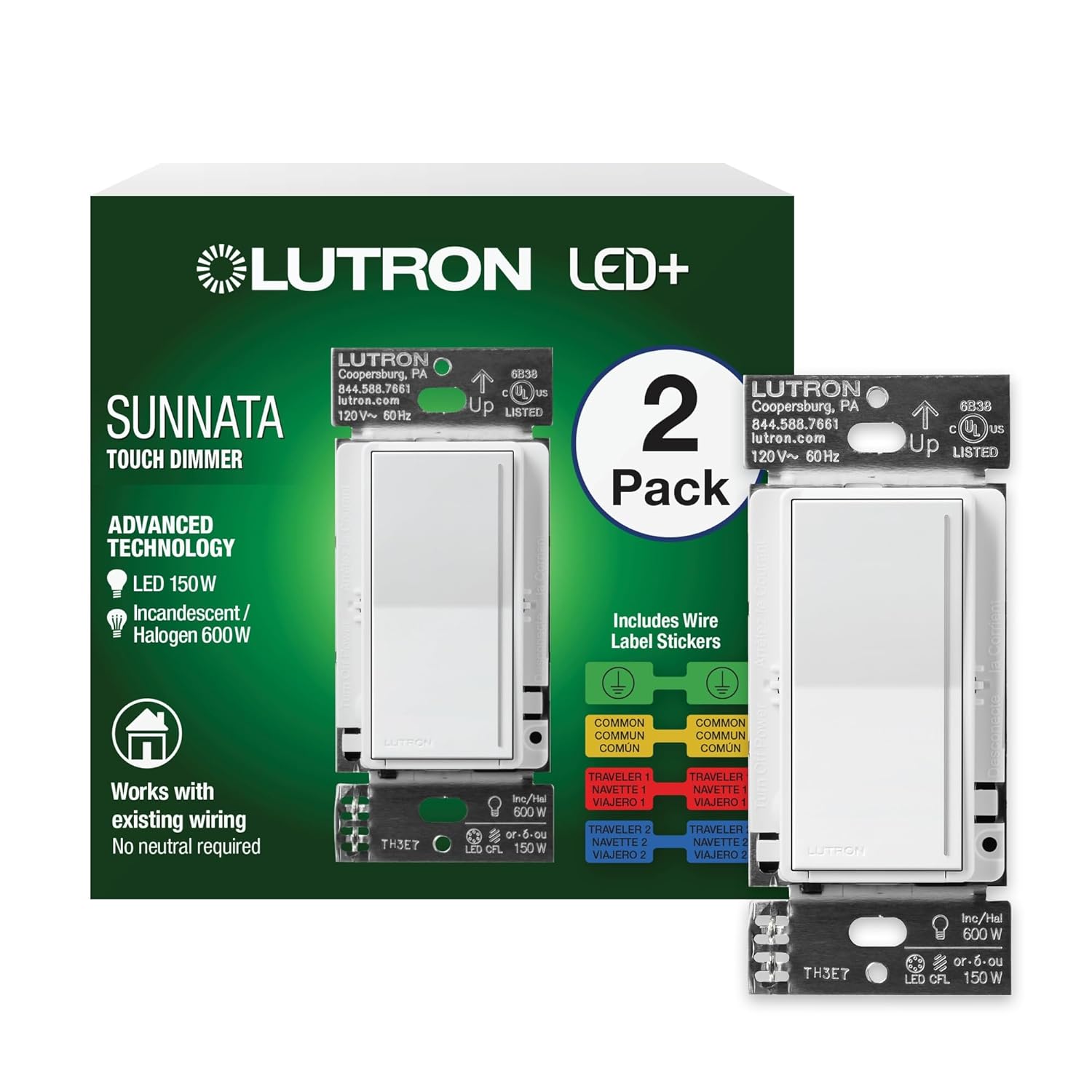 Lutron Sunnata LED+ Dimmer Switch, Touch Dimmer, Single Pole/3-way
