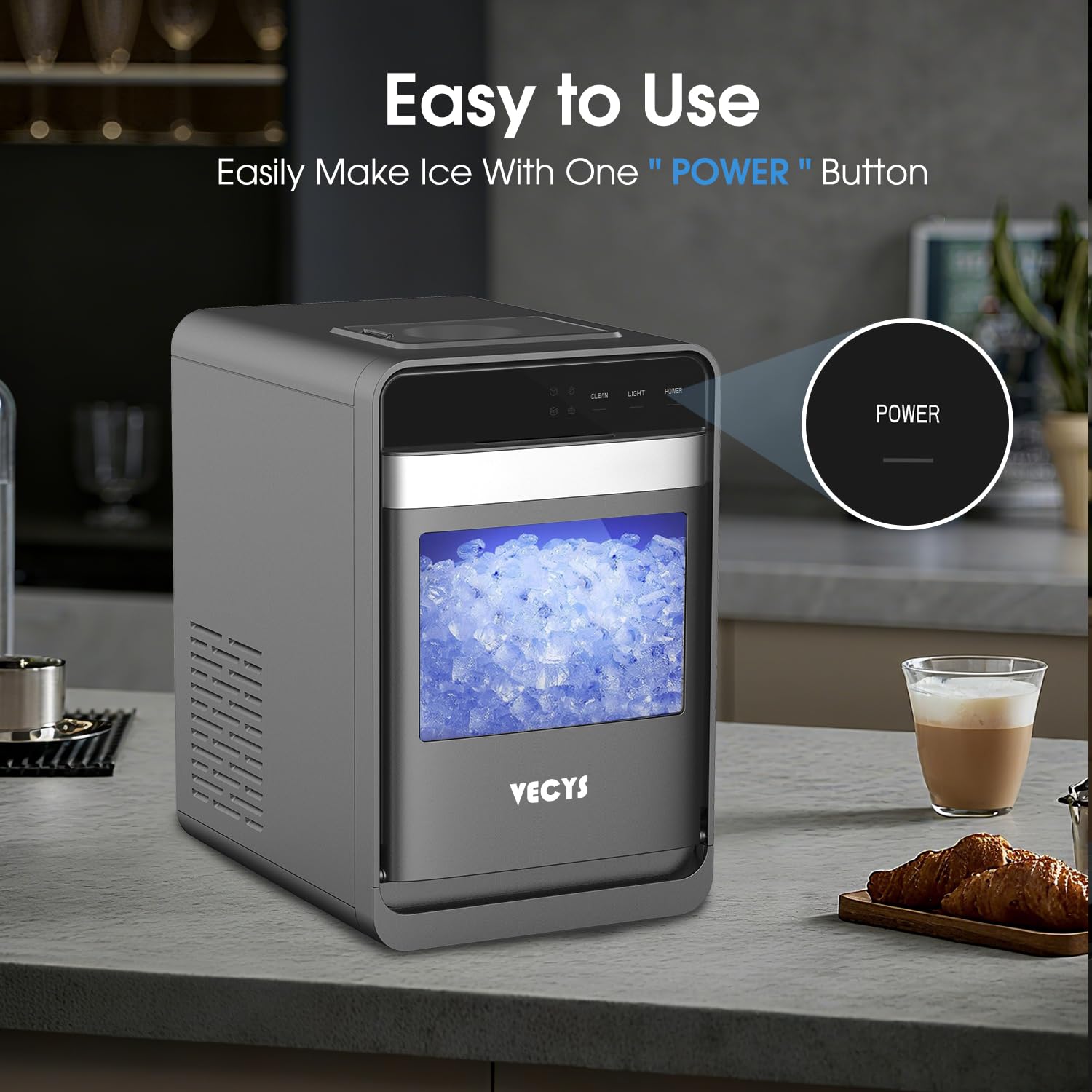 VECYS Nugget Ice Maker Countertop with Auto Water Pump, 33LBS Daily Sonic Ice, Portable Pellet Ice Machine with Continuous Ice Making, Touch Panel, Self-Cleaning, Ice Basket & Night Light