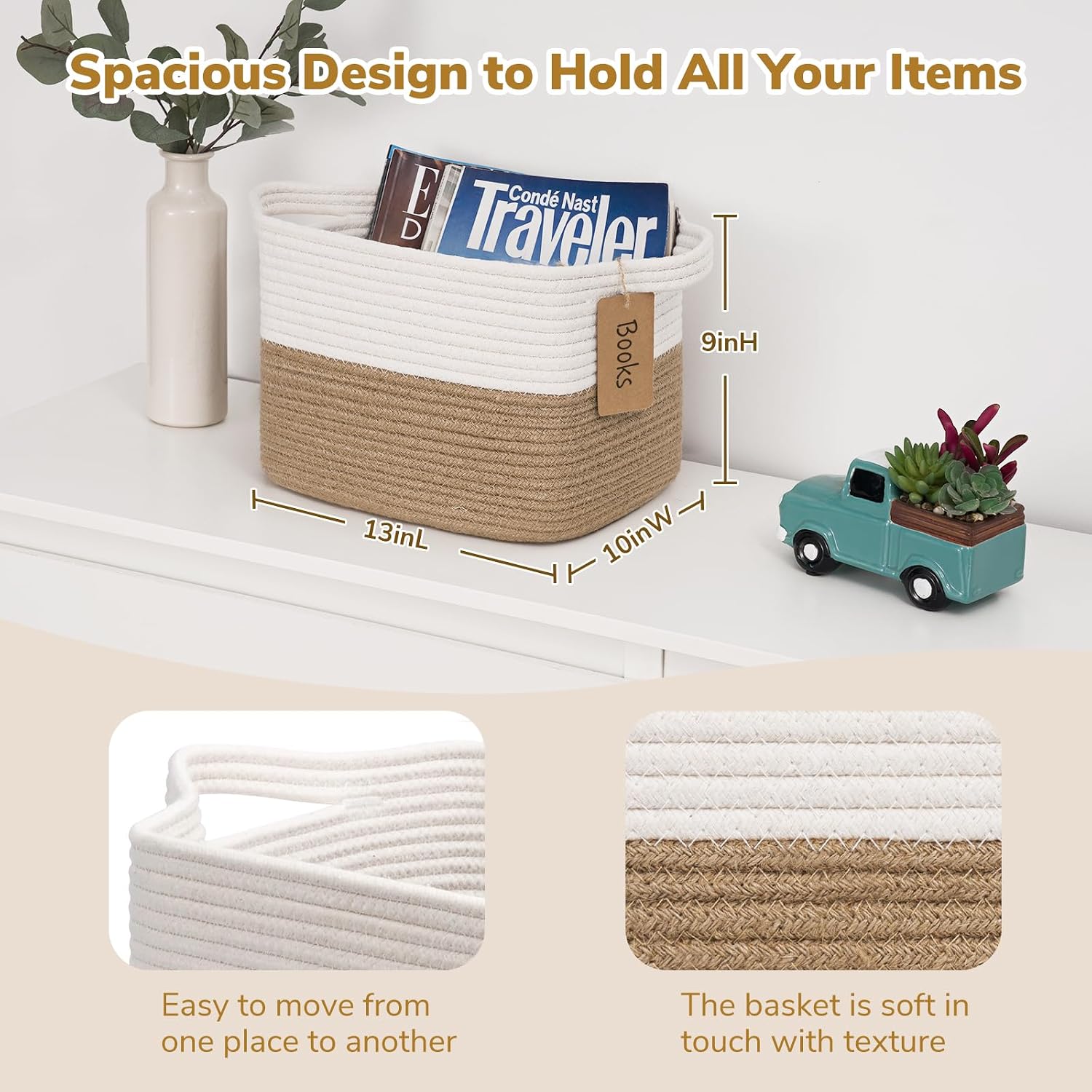 Goodpick Woven Rope Storage Basket for Shelves, Rectangle, Jute