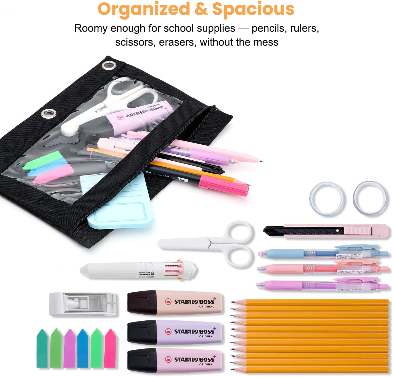 Binder Pencil Pouch for 3 Ring Binder, Clear Pencil Case Box Bag, Aesthetic Pen Organizer for School Supplies with Zipper, Back to School for Girls Boys, 1 Pack, Black