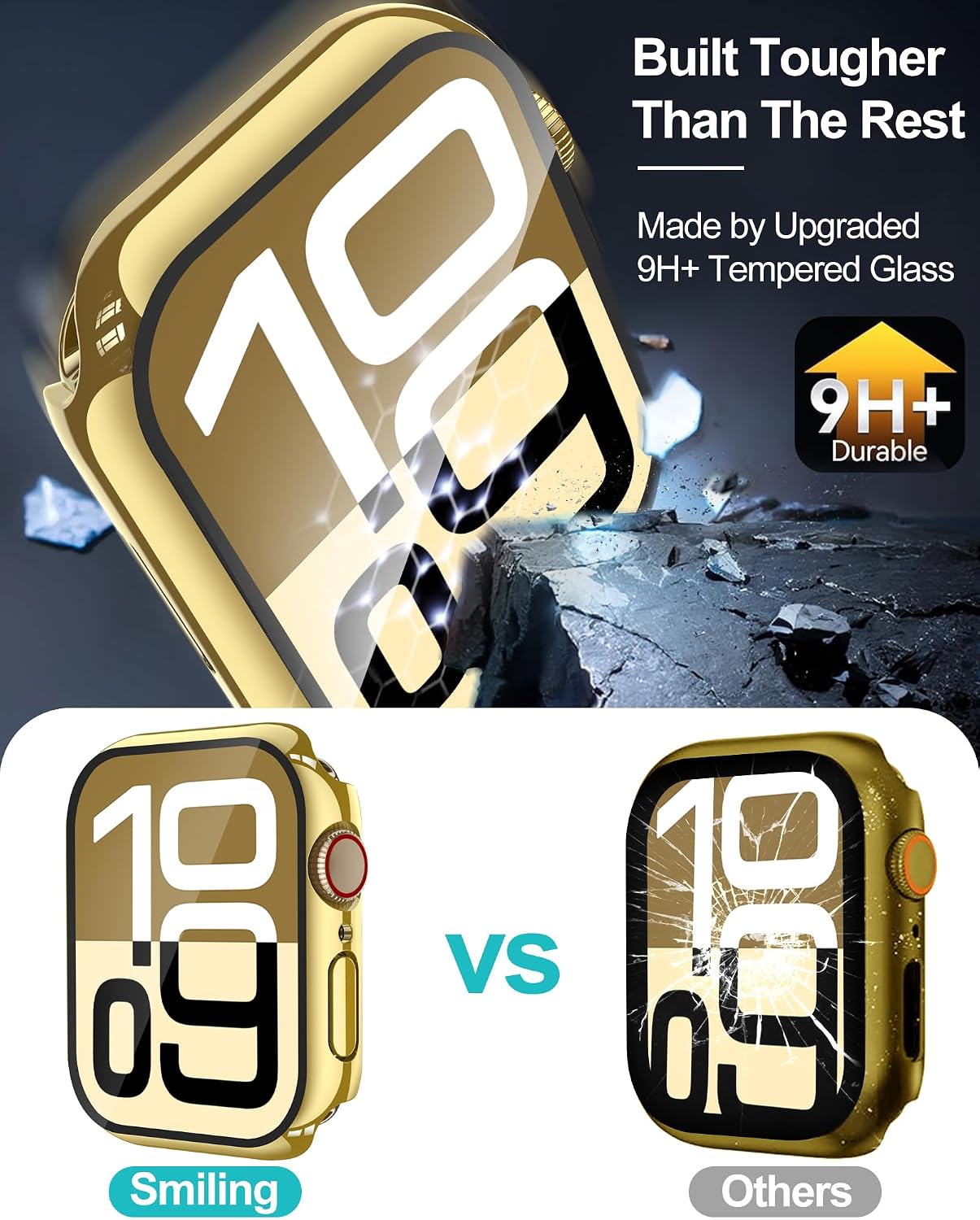 Smiling 2 Pack Case Compatible with Apple Watch Series 11 (2025)/Series 10 46mm with Tempered Glass Screen Protector, Hard PC Case Scratch-Resistant Overall Protective Cover- Gold