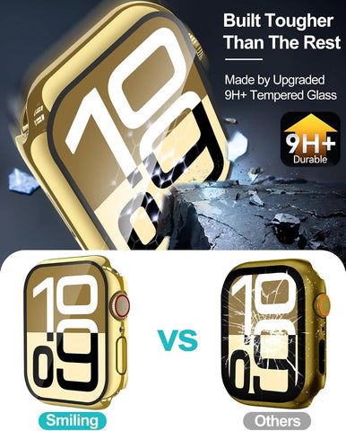 Smiling 2 Pack Case Compatible with Apple Watch Series 11 (2025)/Series 10 46mm with Tempered Glass Screen Protector, Hard PC Case Scratch-Resistant Overall Protective Cover- Gold